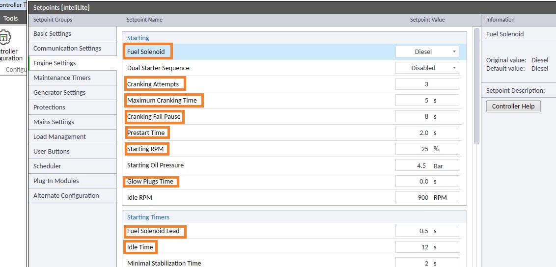 تنظیمات کنترل کننده InteliLite 4 AMF 25 6 Start Para 2